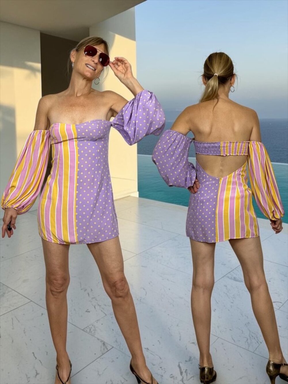 For Love & Lemons Seaside Mixed Print Mini Dress S Cabana Off The Shoulder